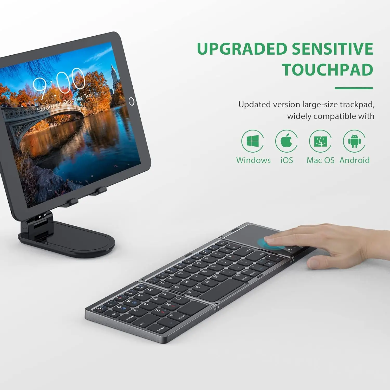 Teclado Russo Dobrável com Touchpad, Mini Bluetooth Portátil, Sem Fio, Mac, iOS, Android, Windows, PC, Tablet