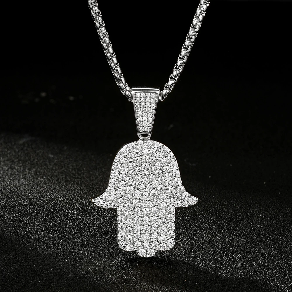 Rrjzz Full Moissanite Hip Hop Iced Out Thick 3mm Round Box Chain Palm Pendant Mens Necklace Street Style Party Fine Jewelry Gift