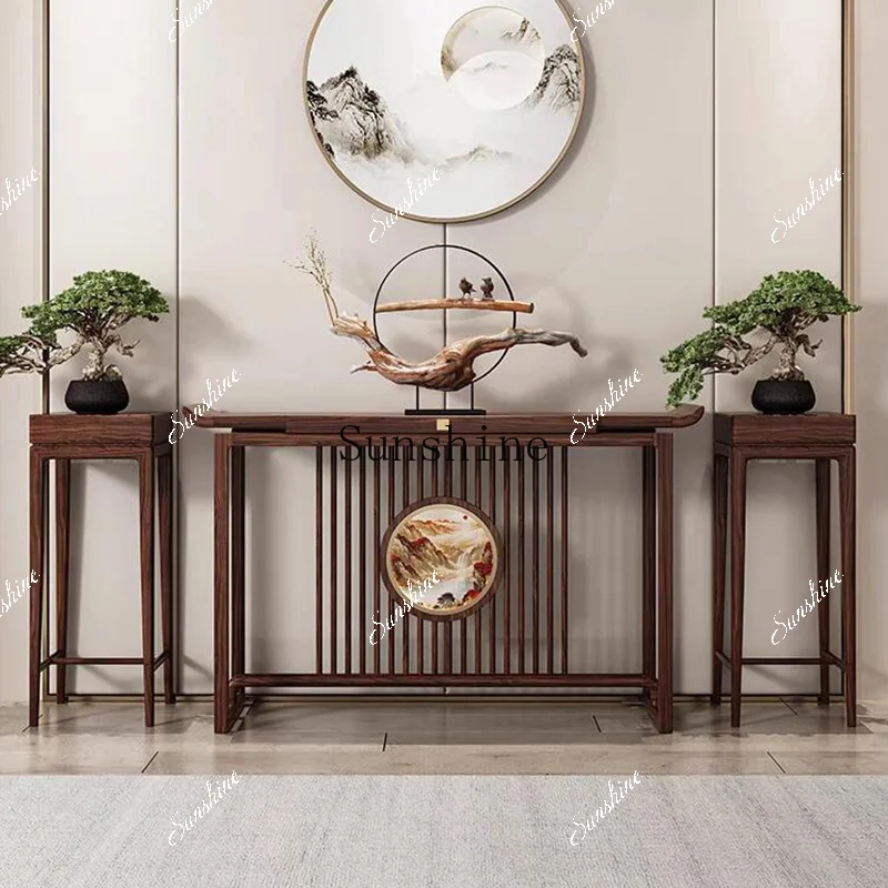 New Chinese-style solid wood entrance table, flower stand, corridor, door hall, long table for the hotel FT