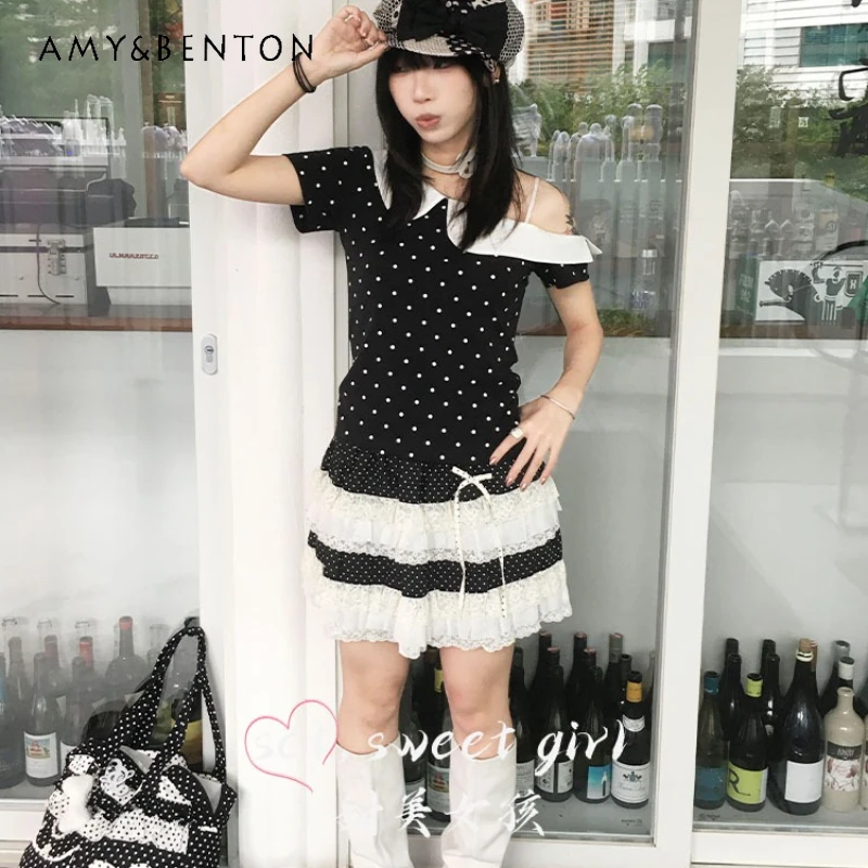 

Korean Retro Polka Dot Doll Collar Asymmetrical Shoulder Short Sleeve Women's T-op New Design Slimming Versatile T-shirt Ladies