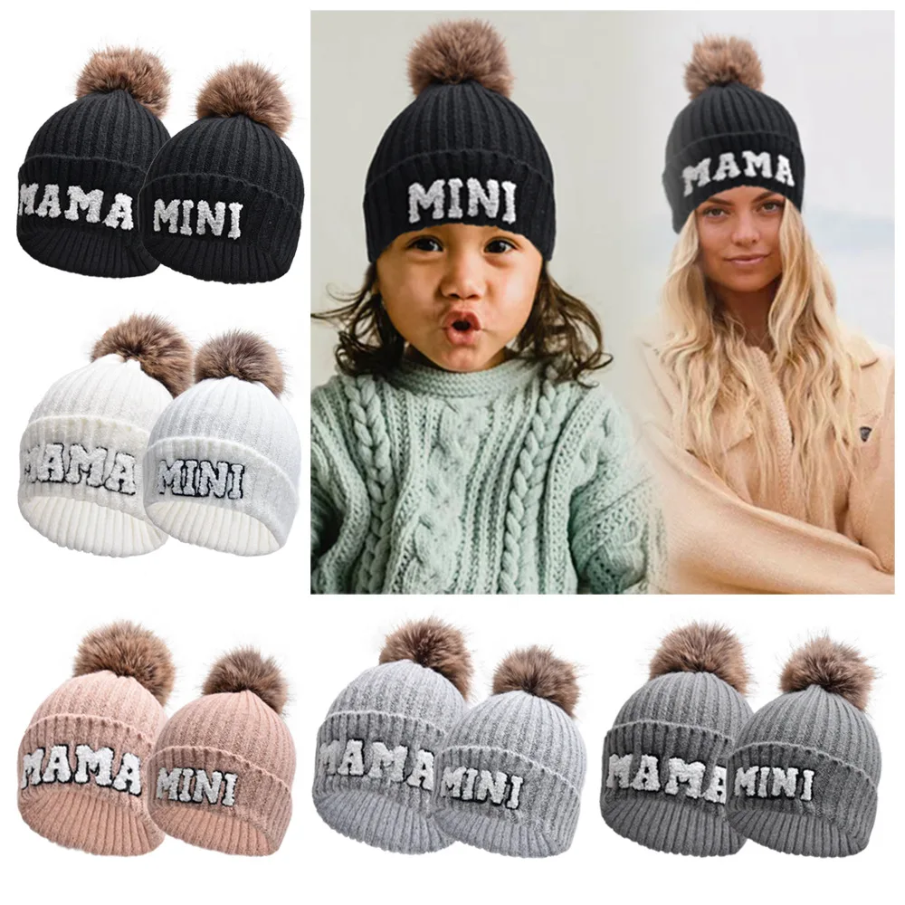 

Alphabet Hat Parent Child Cap Hairball Wool Hat Outdoor Warm Knit Kid Baby Beanies Cute Daughter Mother Son Boy Girl