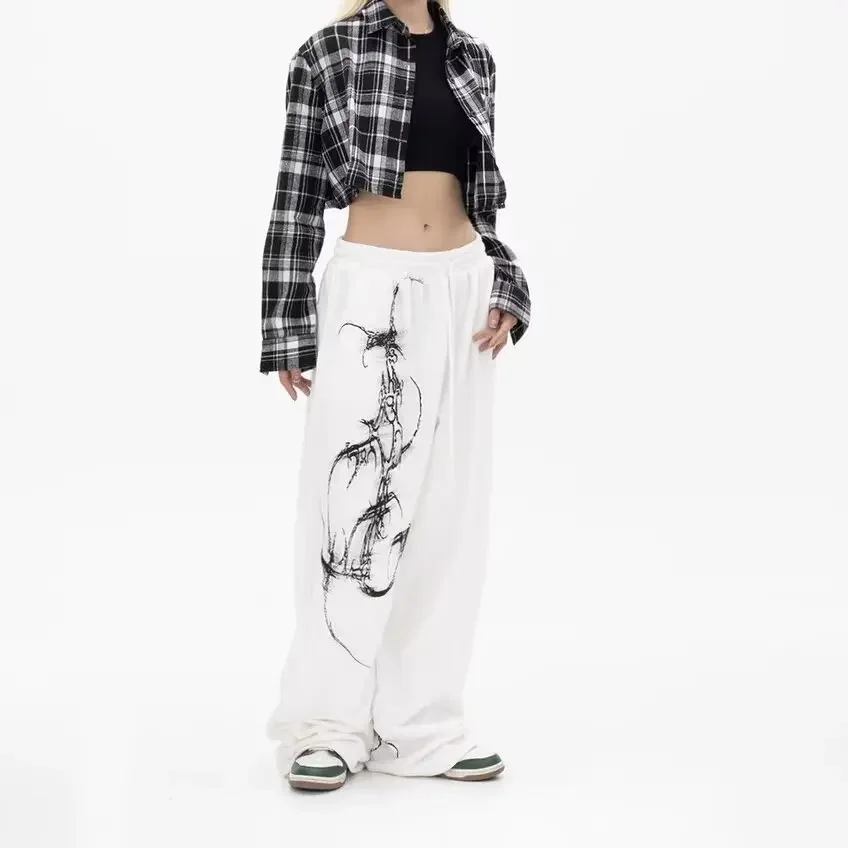 IMU Sweatpants Y2K Women Gothic Hip Hop Printing Drawstring Fitness Pants Retro Baggy Harajuku Elastic Waist Jogging Casual P