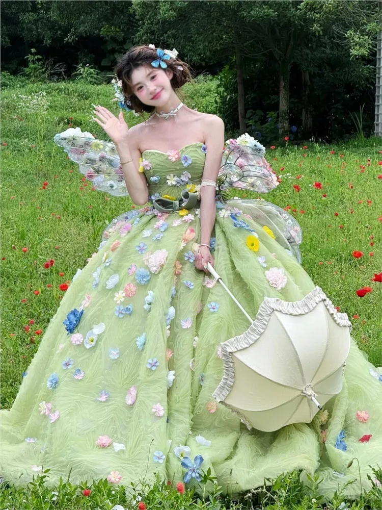 

Green strapless light luxury student Day banquet coming-of-age dress