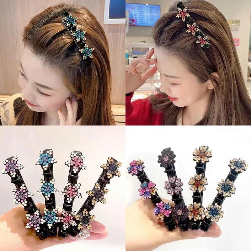 2pcs Fashion Rhinestones Flowers Hair Clips for Women Girls Sweet Cute Crystal Bangs Side Clip Duckbill Clip Hairpins Barrettes