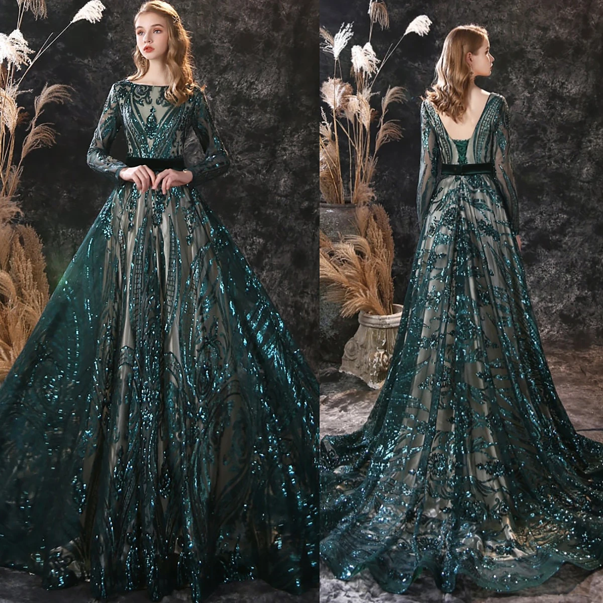 Verde escuro vestido de casamento de manga longa com lantejoulas novo applique sem costas vestidos de noiva escova trem robes de mariée venda quente