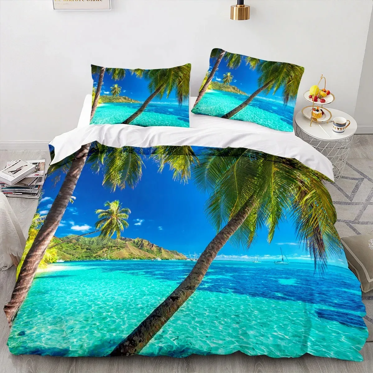 3D Printed Sea View Coconut Bedding Set Pillowcase Duvet Cover Double Twin Full Queen King Adult Kids Bedclothes Quilt Cover