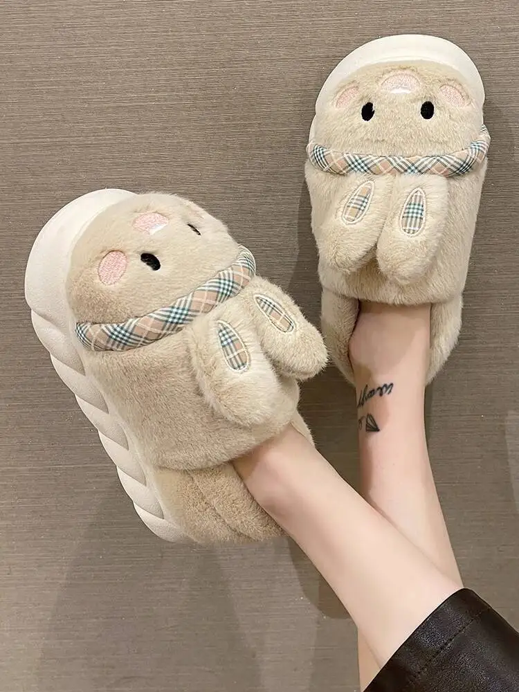 

2025 Winter Women's Home Slippers Cute Rabbit Maternity Cotton Shoes Thick Soled Anti Slip Warm Furry Indoor Household Slippers