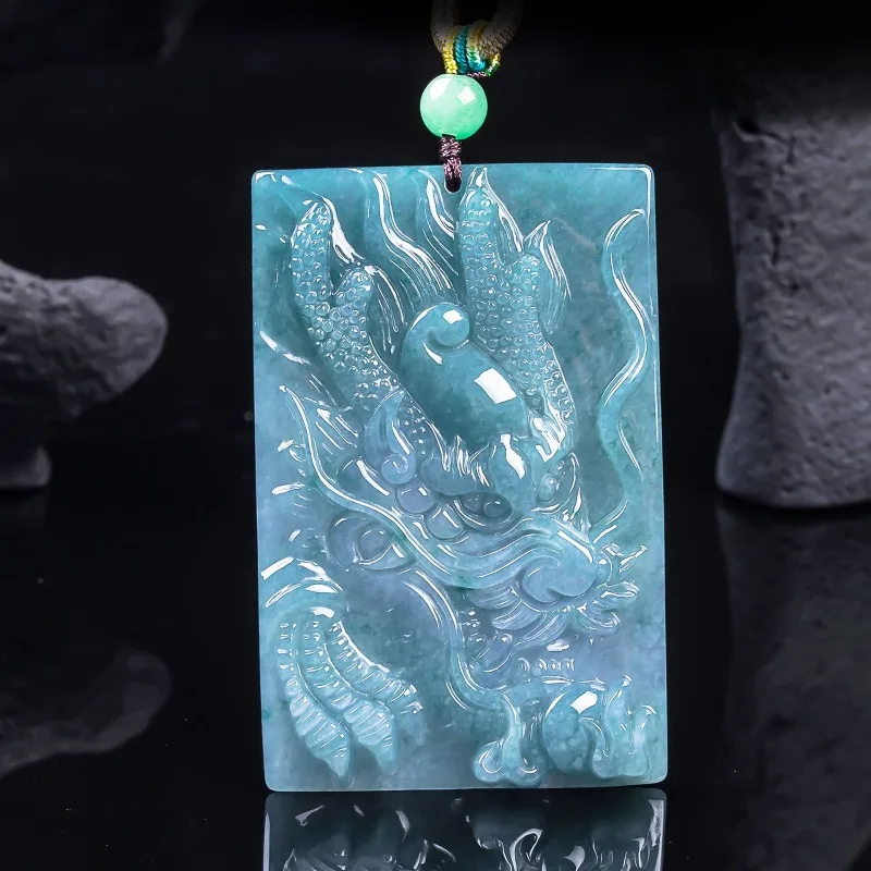 

Natural Real Emerald Blue Water Dragon Brand Pendant Myanmar Jadeite Necklace Jewelry Charm Designer Luxury Vintage Women