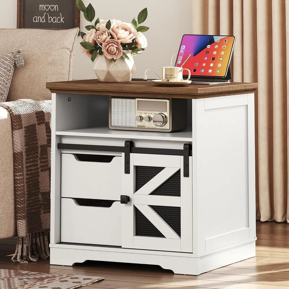 

Farmhouse End Table with Charging Station, Sofa Side Table with 2 Drawers and Barn Door, Rustic Wooden Nightstand Bedside Table