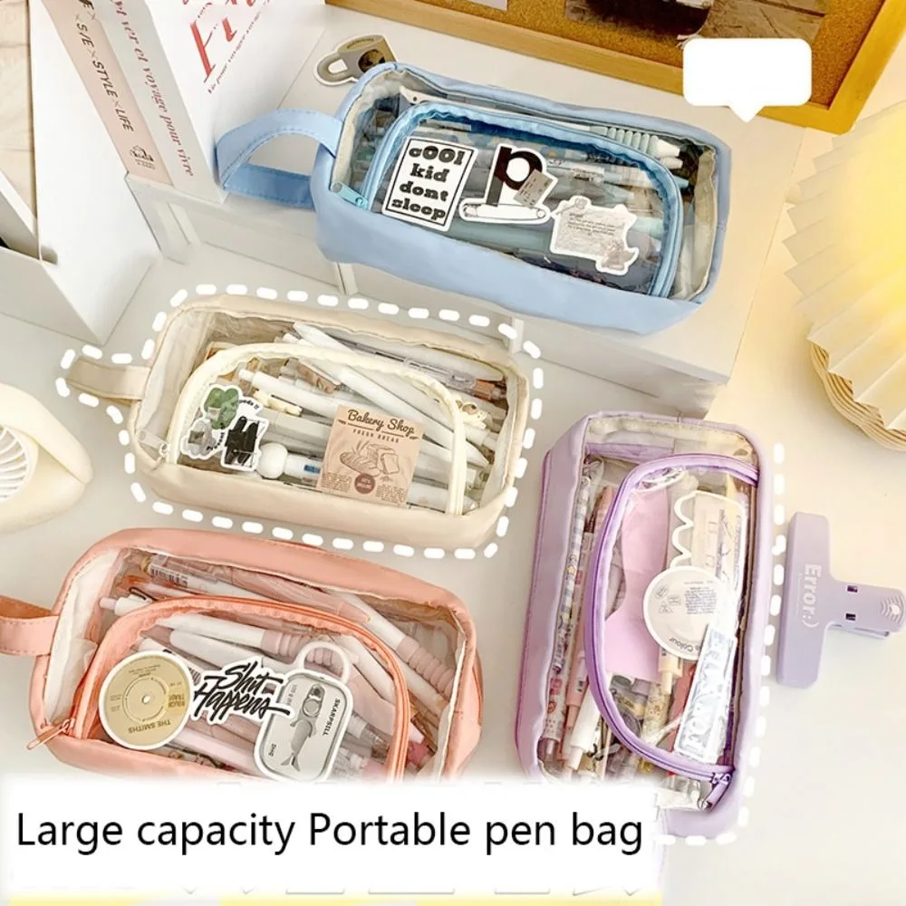 Portable Large Capacity Pen Bag Multi-function Waterproof Cosmetic Bag Double-layer Transparent Stationery Bag Students