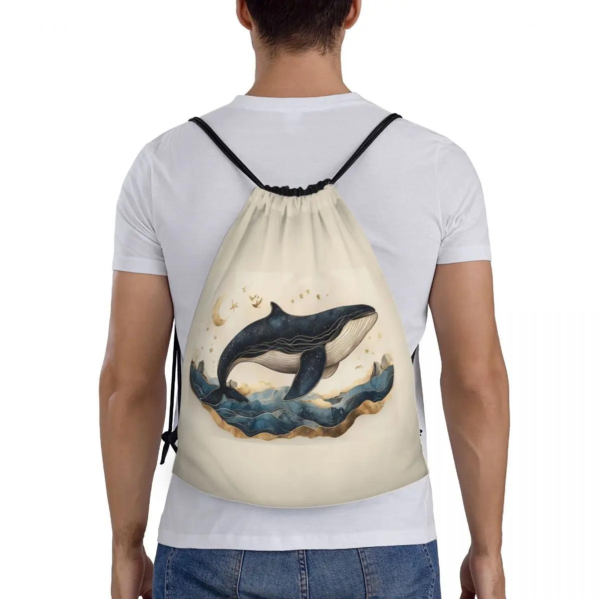 Golden Blue Aesthetic Whale Backpacks Portable Drawstring Bundle Pocket Shoes Bag Book Bags for Man Woman School