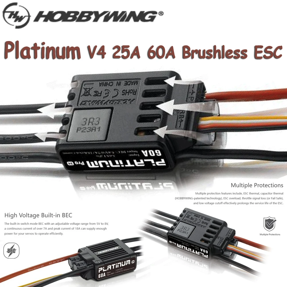 

Hobbywing V4 Pro 60A 25A Бесщеточный электронный регулятор скорости ESC с BEC 3-6S Lipo для радиоуправляемого самолета с неподвижным крылом, вертолета EDF