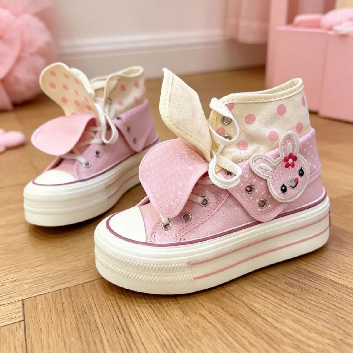 

Women's Summer Sports Shoes Japanese Cute Platform High-top Canvas Shoes for Girls Design Polka Dot Embroidered Cartoon Sneakers