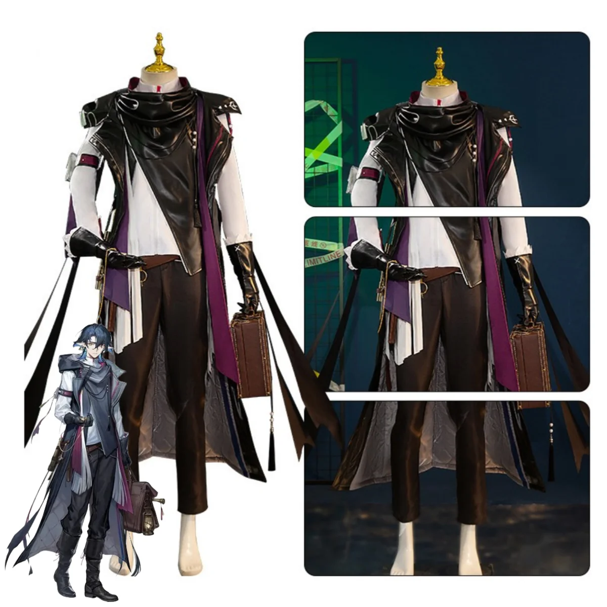 Anime Game Arknights Lumen Tribunal Cosplay Costume Black PU Waistcoat Coat Uniform Full Set Wig Man Halloween Carnival Suit view 4
