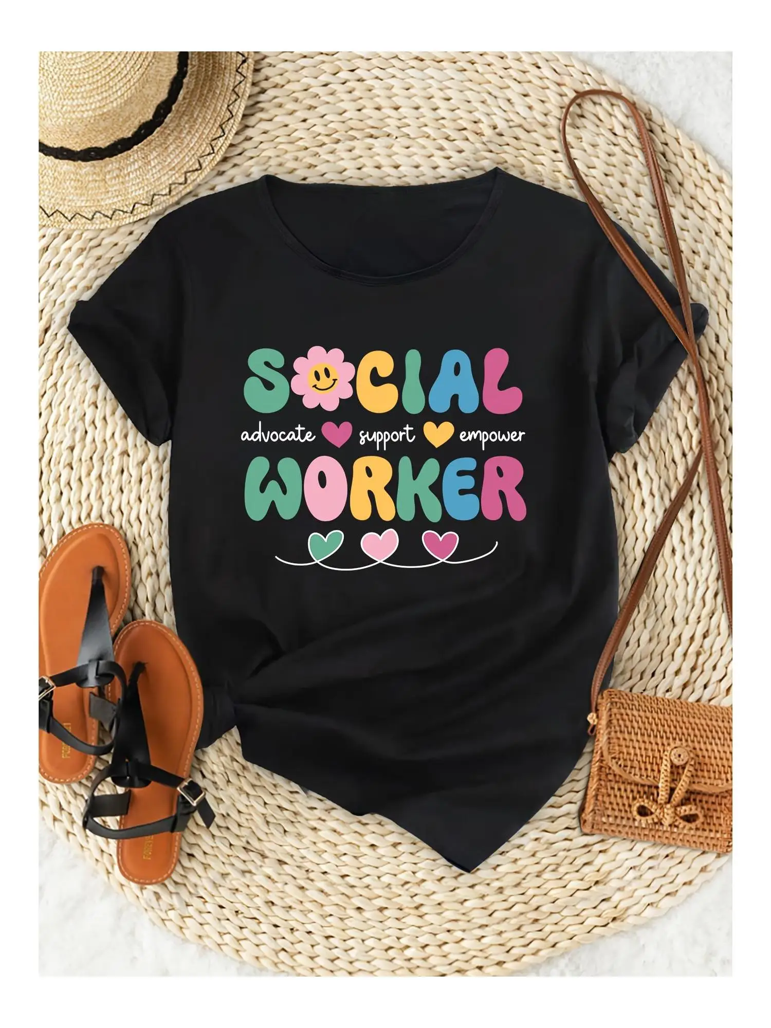 

Plus Size Casual T-Shirt Ultra-Comfortable Fit Short Sleeves Social Worker Print Perfect for Casual Occasions Everyday Wear