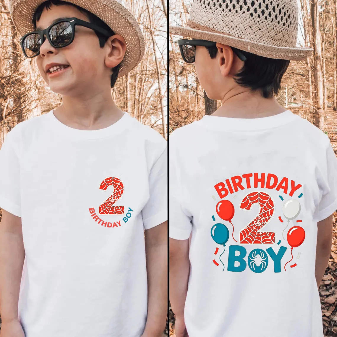 Personalized Name Kids T-shirt, Funny Red Spider Web Colorful Balloon front and back Birthday Number Print Boys T-shirt