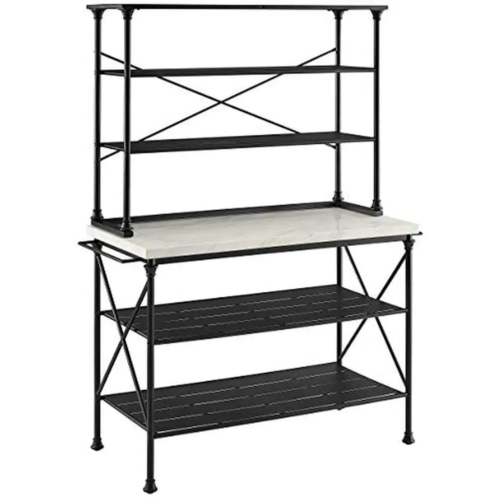 Industrial Kitchen Island Hutch Set Steel Faux Marble Top Open Shelves Towel Bars Metal French Design Open Storage Onesize