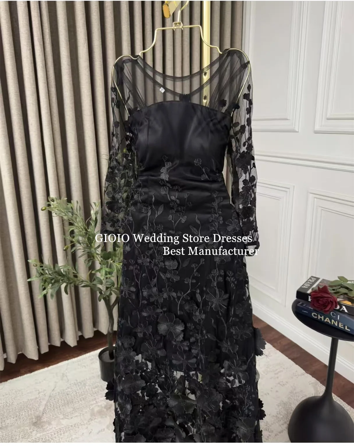 فستان سهرة GIOIO أنيق برقبة مربعة وأكمام طويلة من الساتان الشبكي ثلاثي الأبعاد مزين بالزهور على شكل حرف A بطول الأرض للحفلات حسب الطلب