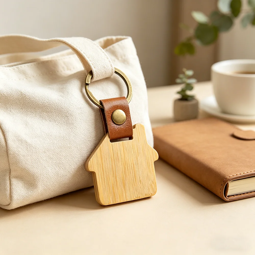 Blanko Kreativer Leder-Holz-Schlüsselanhänger Rund Rechteckig DIY-Zubehör Modische Taschenanhänger Charms Autoschlüsselring Souvenir-Geschenke – Detail 1