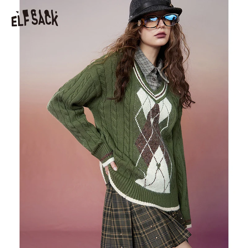 ELFSACK-suéteres Retro de rombos para mujer, Jersey empalmado, Tops de diseñador de talla grande, invierno, 2023