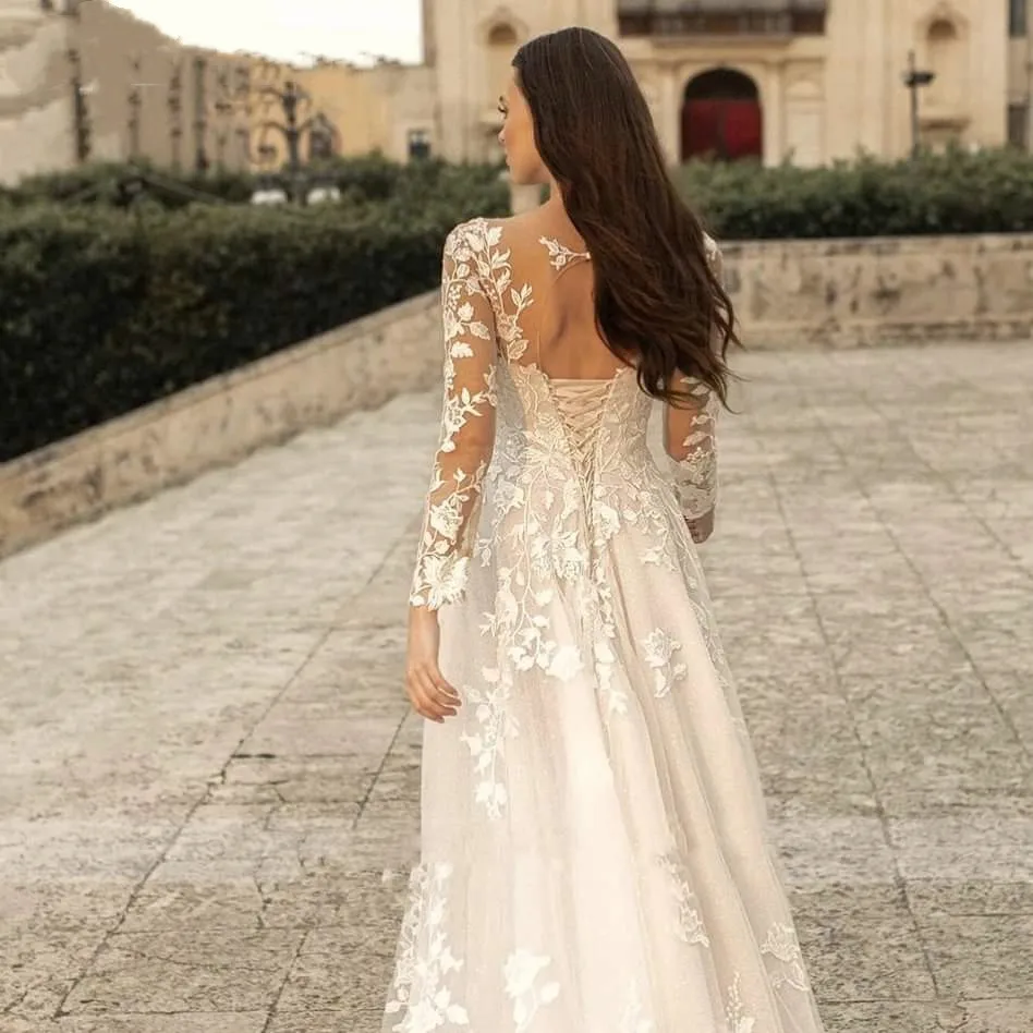 Vestidos De Novia elegantes con escote Corazón, traje De Novia De manga larga con línea A De encaje, apliques De tul, tren De barrido con cordones, 2024