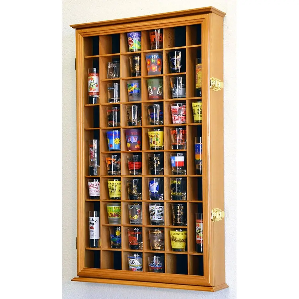 Exhibidor de Vasos de Chupito para 54 Vasos, con Protección UV, Madera de Roble, para Colgar en la Pared