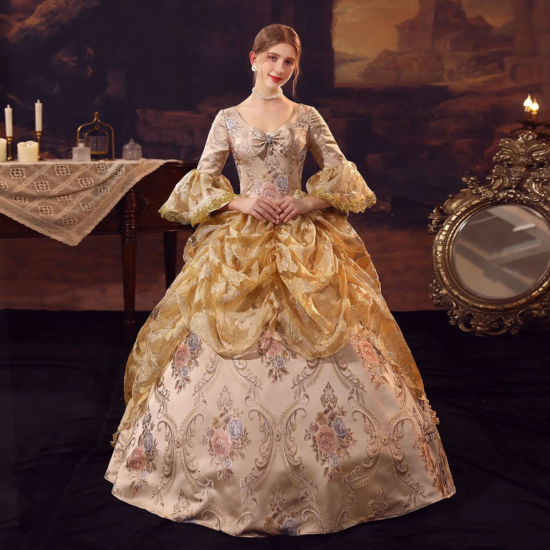 황금 자카드 트레일링 유럽 법원 의상 러시아 티 파티 사진 역할 놀이 탁상 게임 드라마 드레스 Ballkleid Luxuskleid