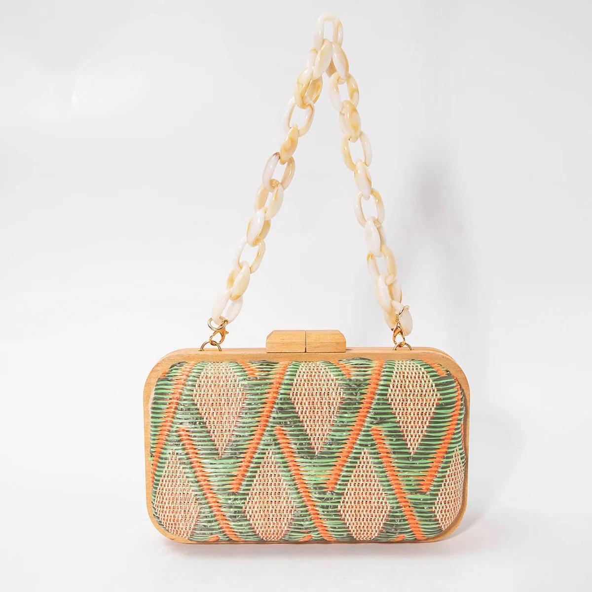 Fashion Wooden Clip Clutch Bag for Women Acrylic Chains Lady Shoulder Bags Geometric Patterns Handbags Summer Beach Party Purses view 2