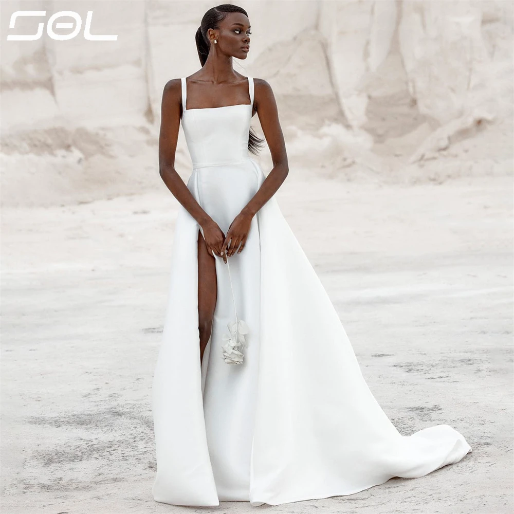 SOL Simple Spaghetti Straps colletto quadrato spacco laterale abito da sposa Backless Satin abiti da sposa lunghi fino al pavimento Sexy su misura