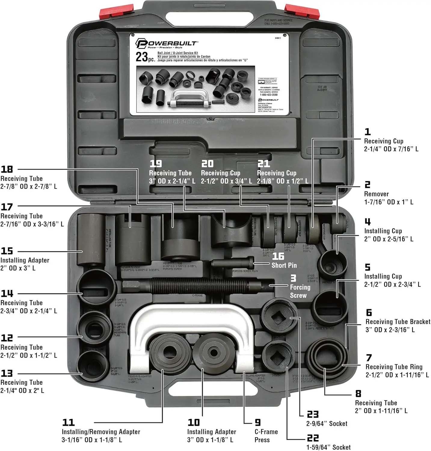 Set di servizi di giunti a sfera e U Powerbuilt, Kit di attrezzi da 23 pezzi, rimuovere e installare giunti a sfera, tubo di ricezione, adattatori, prese