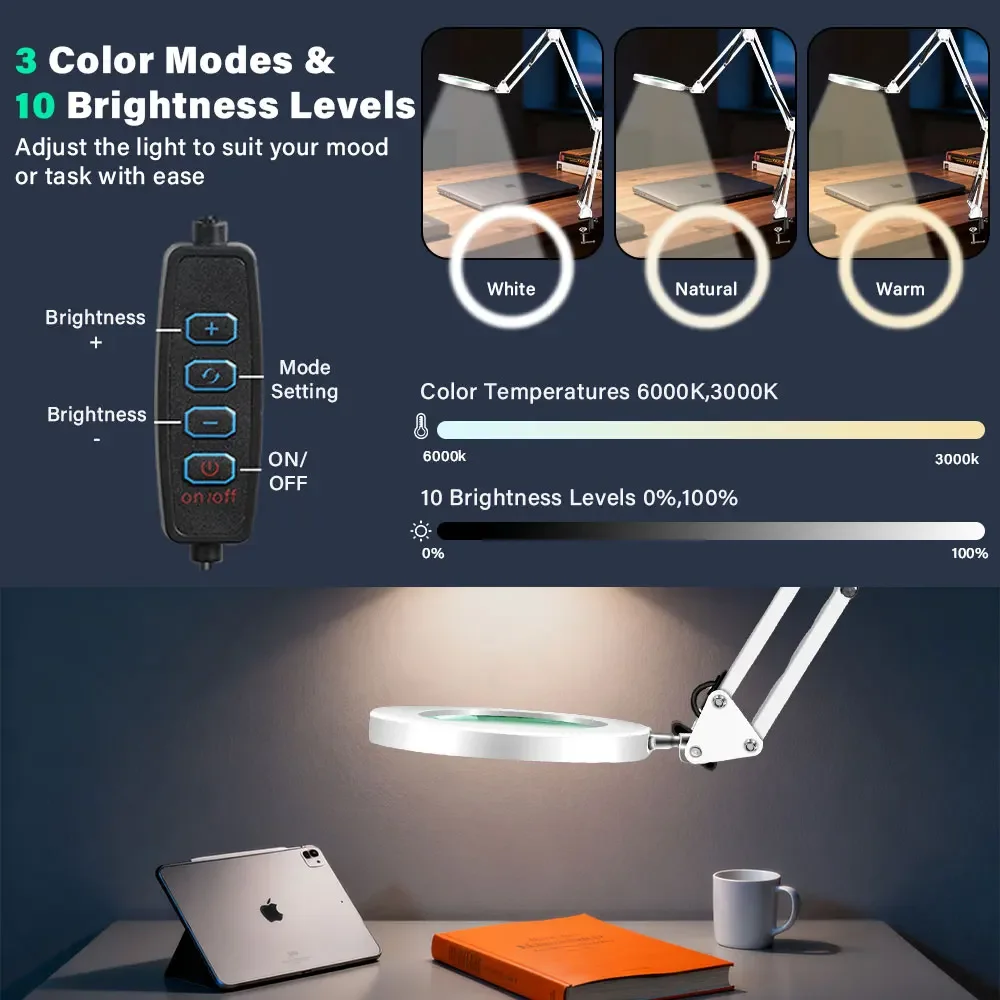 Triple Folding Magnifying Desk Lamp with 10X Magnification - 72 LED 3-Color Adjustable Light USB Powered for Repair and Reading