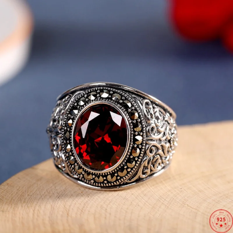 BOCAI S925 Sterling Silver Rings for Men Women Palace Style Eternal Rattan Pattern Inlaid Garnet Fashion Jewelry Wholesale