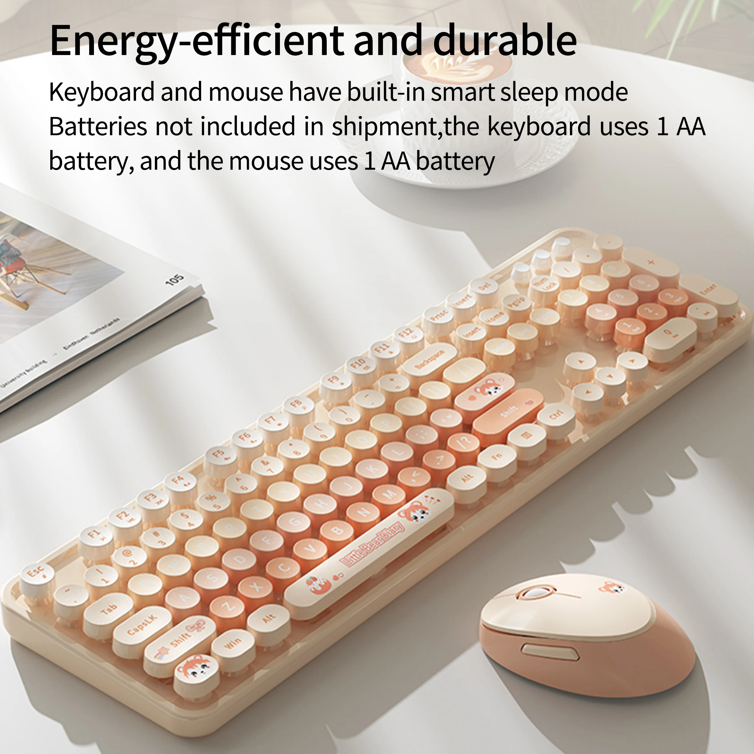 MOFII Sweet 2.4G Wireless Keyboard Mouse Combo, Cute Round Keycaps Orange for Girls, Compatible with Laptop Desktop, US QWERTY