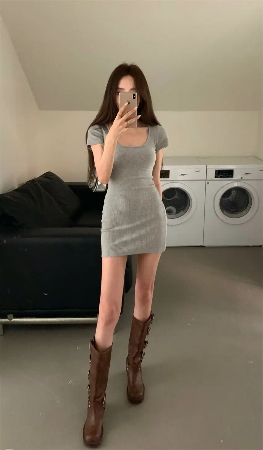 Tight-Fitting Spice Girl Short-Sleeved Dress Solid Slim T-Shirt Dress Summer Lady Short Sleeve Slim-Slimming Hip-Wrapped Skirt