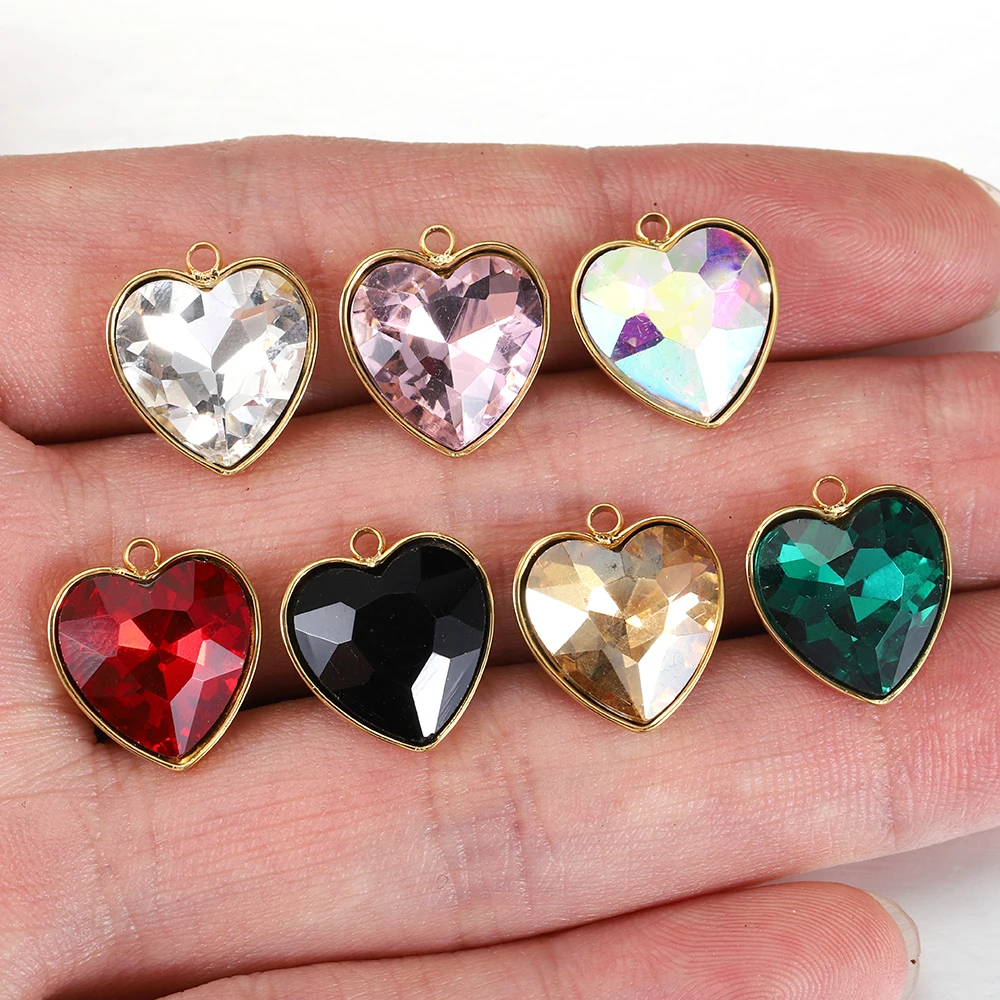 5pcs Stainless Steel 13x15mm Love Heart Glass Pendants Green Transparent Crystal Charms Beads for Necklace Jewelry Making DIY