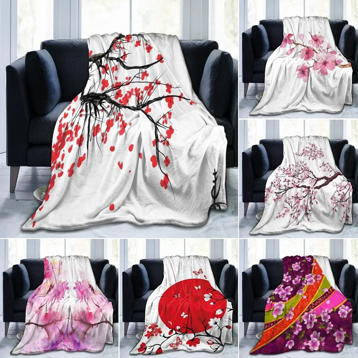 

Cherry Blossoms Flowers Flannel Throw Blanket Japanese Style Super Soft Lightweight for Bed Couch Living Room Blanket King Size
