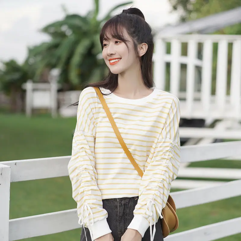 Fashion O-Neck Shirring Striped Lace Up Bow T-Shirt Female Clothing 2023 Spring Autumn New Casual Pullovers Sweet Tee Shirt