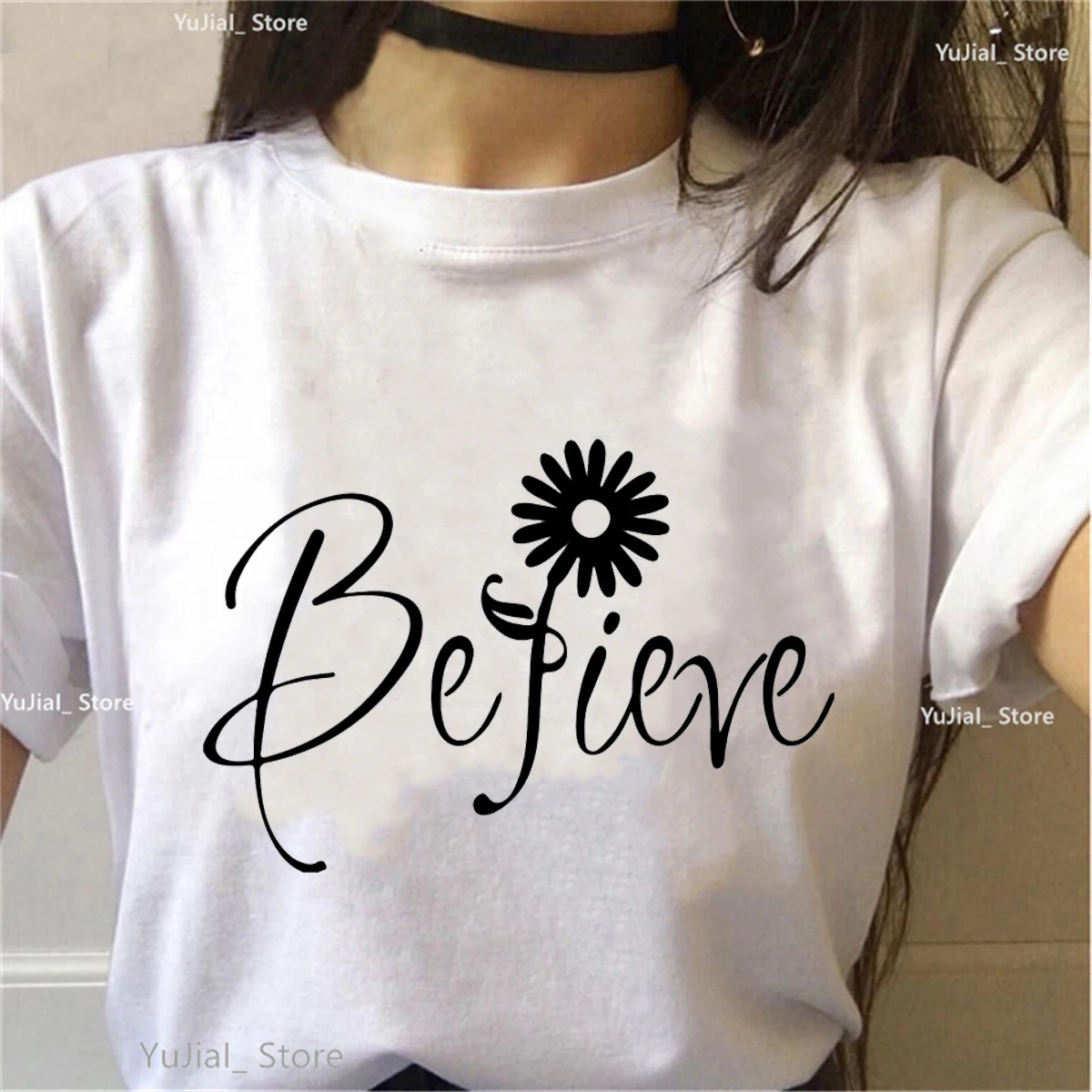 Believe Flower Printe T Shirt Women Artistic Aesthetic Summer Tops Fashion Tshirt Femme White/Black/Pink/Gray T-Shirt Female