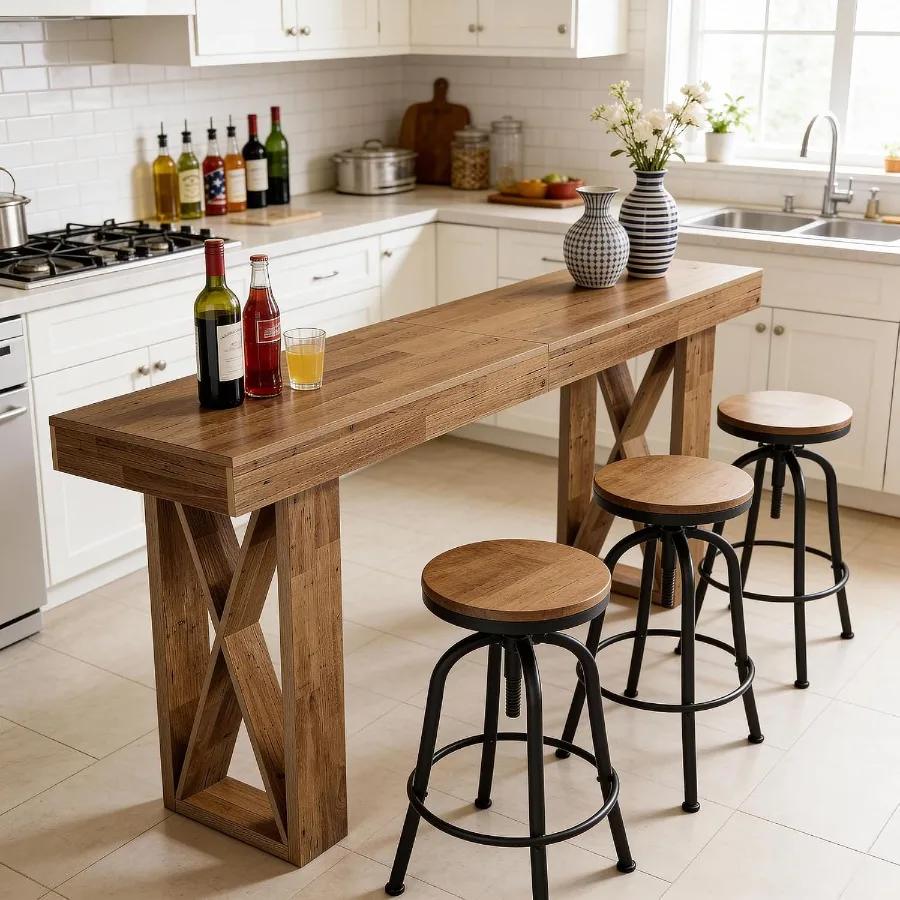 Bar Table, 39.37'' Counter Height Pub Table with Wooden X-Shaped Frame, Rectangular Home Bar Unit for Kitchen, Dining Room, Bis
