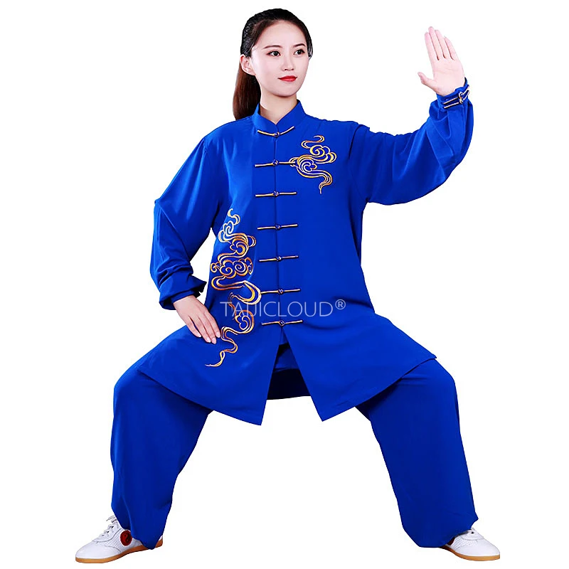 

Униформа для выступлений тай-чи средней длины, струящийся дизайн с облачной вышивкой для шоу на сцене боевых искусств (весна/осень)