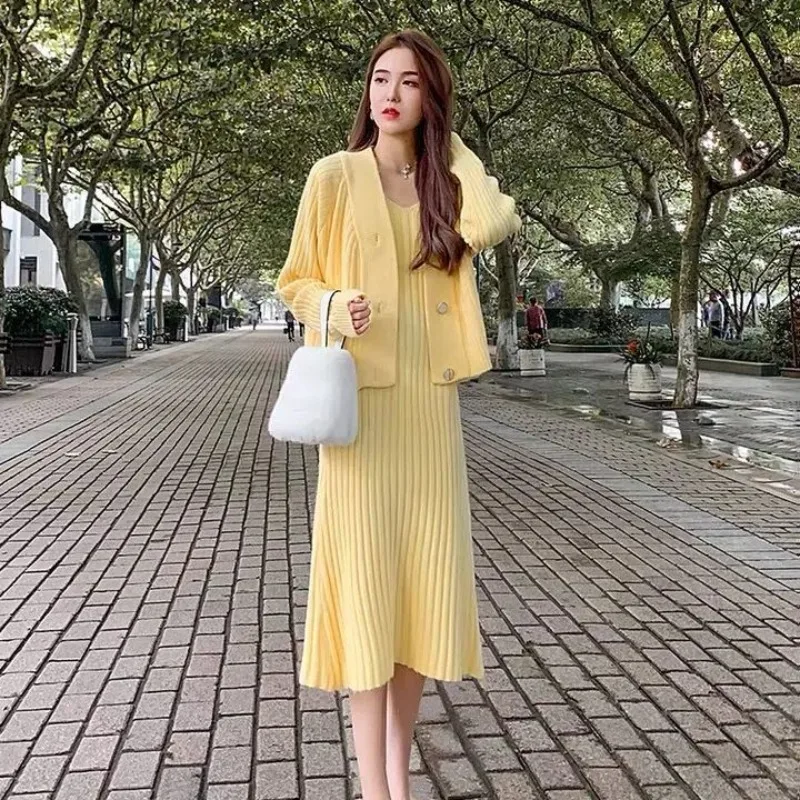 High Waist Women Chic Female Ladies Vestido Fashion Sets Two Pieces All Match Yellow A Line Elegant Birthday Casual Party Dress