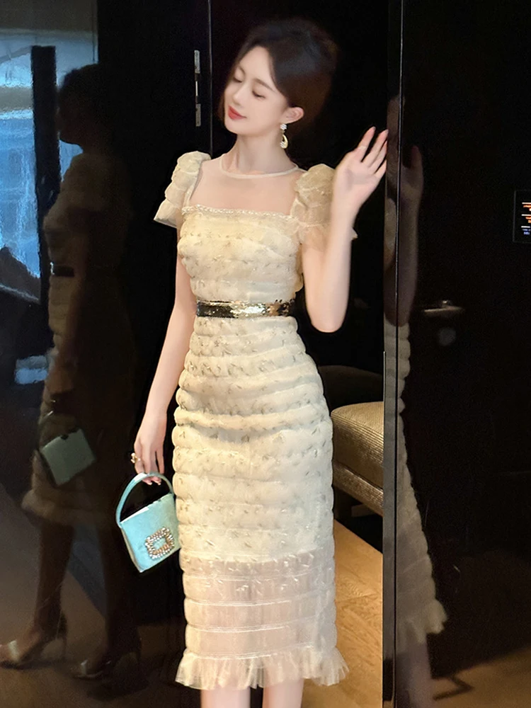 Damska Sukienka na Imprezę w Stylu Francuskiej Socjality, Słodka Elegancka Przezroczysta Siateczka, Falbany, Haft, Cekiny, Obcisła Sukienka, Suknia Bankietowa, Vestidos Lady