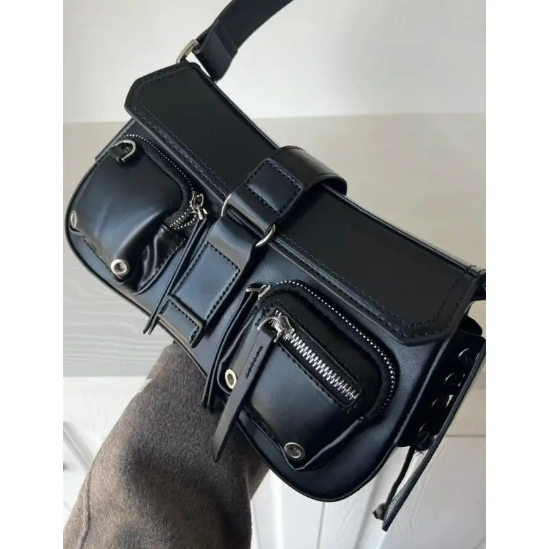 Vintage Pu Leather Black Women\'s Shoulder Bags Fashion Design Ladies Gothic Underarm Bag Y2k Cool Girls Female Tote Handbags