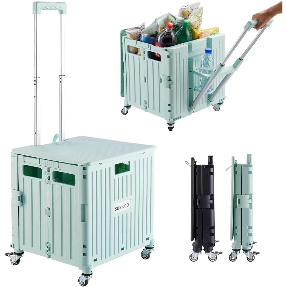 

Folding Utility Cart Portable Rolling Crate Handcart Shopping Trolley Collapsible Tool Box, With Lid, On 4 Rotate Wheels, For