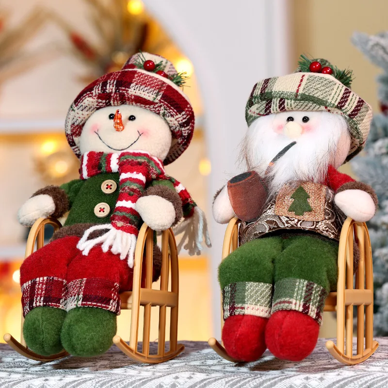 Christmas Retro Doll Rocking Chair Plaid Old Man Snowman Sitting Doll Holiday Gift Decorations Room Decoration Accessories