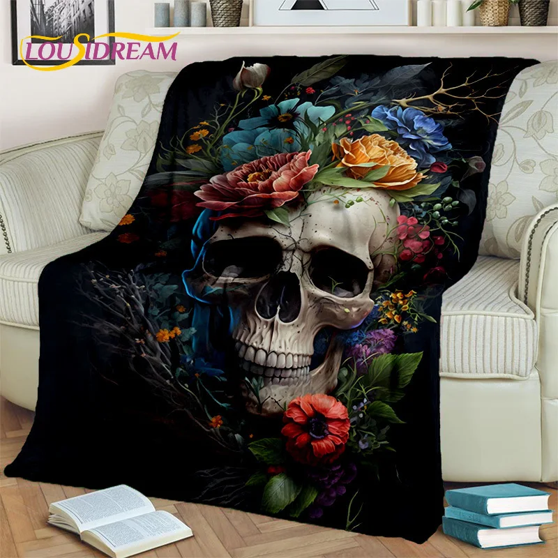 Horrible Cartoon Skull Flower Gothic Blanket,Soft Throw Blanket for Home Bedroom Bed Sofa Picnic Travel Office Cover Blanket Kid