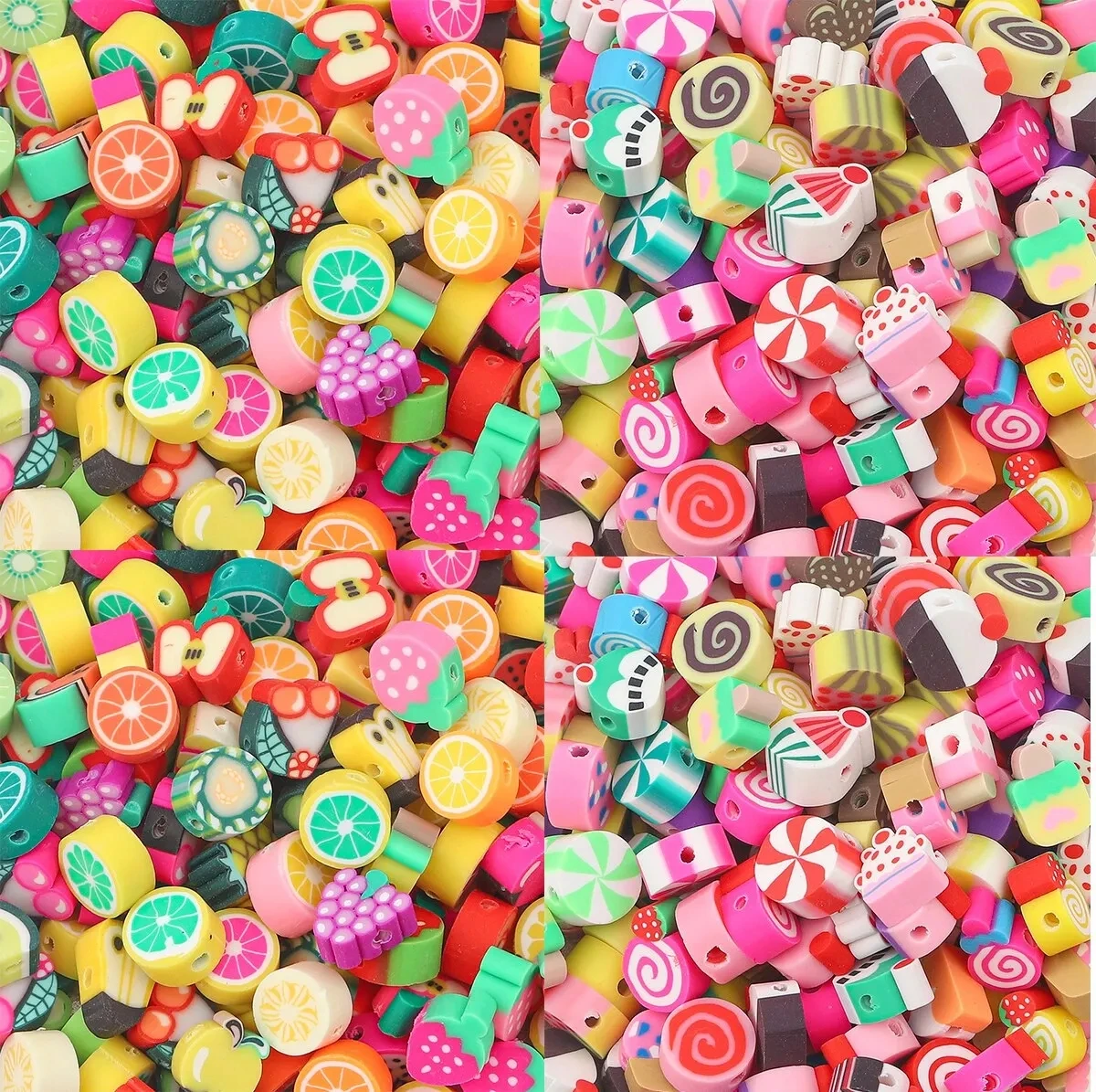 60 cuentas de cerámica blanda, colores mezclados, donut Dim sum, patrones de frutas, perlas hechas a mano, collares caseros y accesorios de pulsera