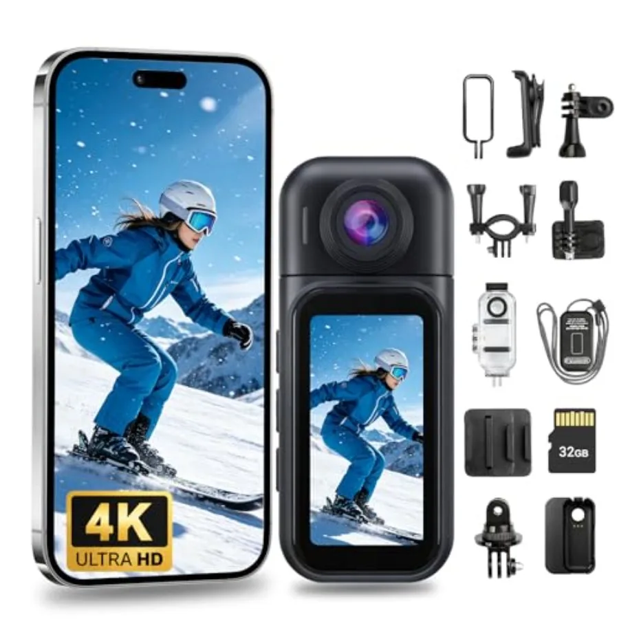 

Wearable 4K mini body camera for travel, sports, and vlogging; ABS plastic, black; 180 rotatable magnetic pendant, waterproof P