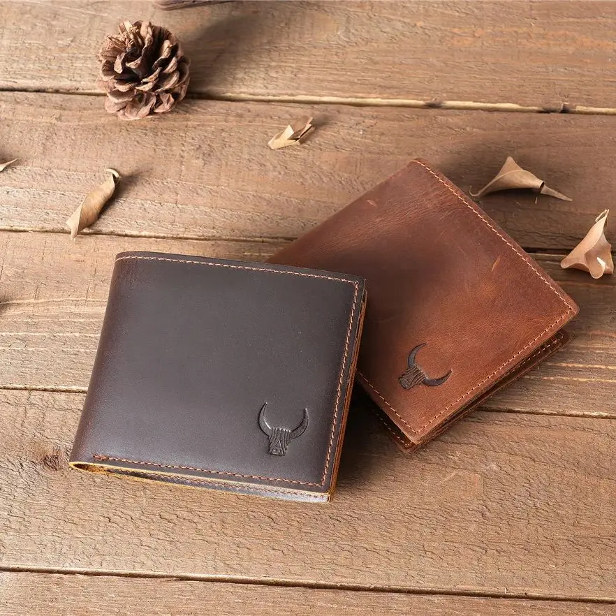 Handmade Genuine Leather Men Short Wallets With Coin Purses Vintage Crazy Horse Leather Coin Pocket Man Slim Cowhide Card Holder