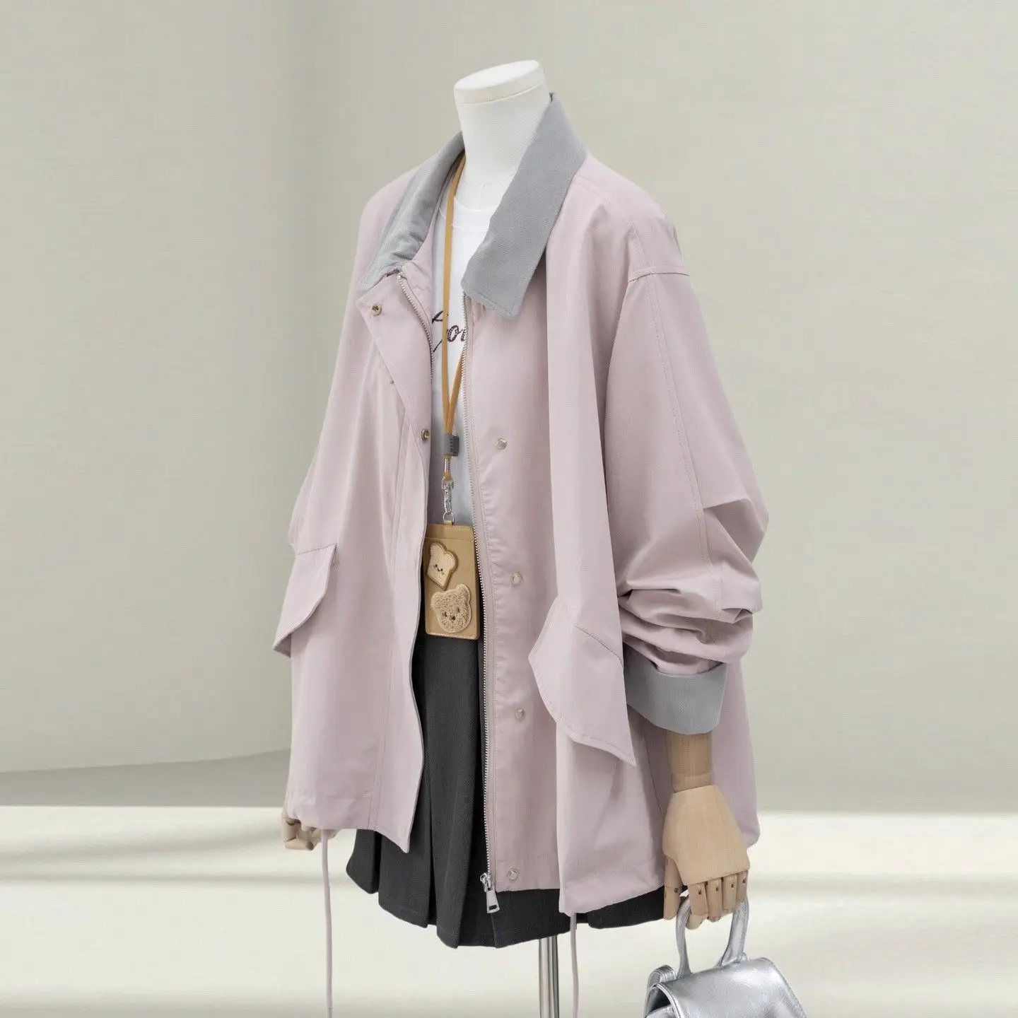 Contrast Color Trench Coat Women, Popular Patchwork Style, New 2026 Spring/Autumn Collection, Loose Casual Jacket For Petite